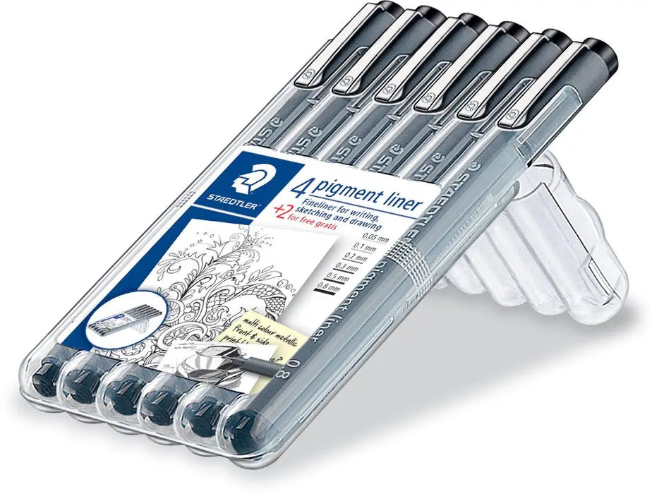 Staedtler fineliner Pigment Liner etui van 4 + 2 - Zwarte Inkt Penpunt Set