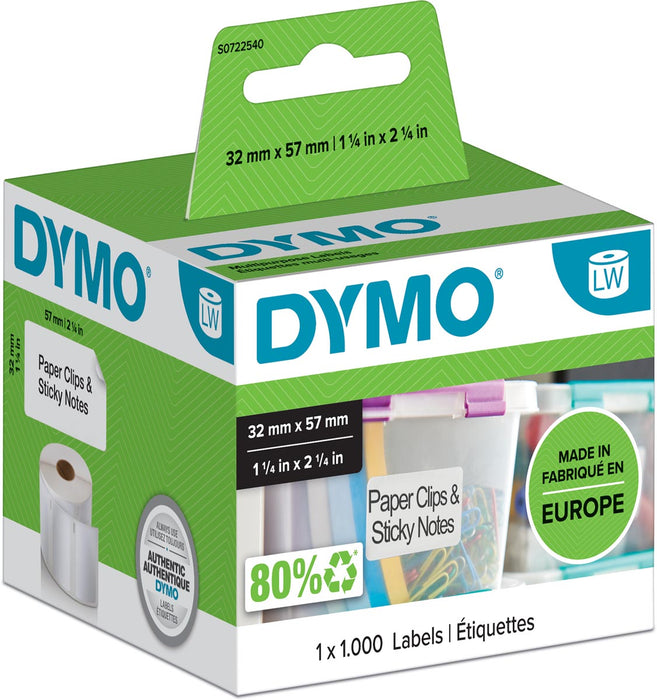 Dymo etiketten LabelWriter ft 57 x 32 mm, verwijderbaar, wit, 1000 etiketten 6 stuks, OfficeTown