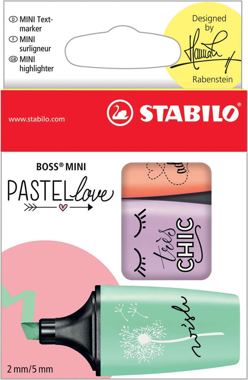 STABILO BOSS MINI Pastellove markeerstift, doosje van 3 stuks in geassorteerde pastelkleuren 10 stuks, OfficeTown