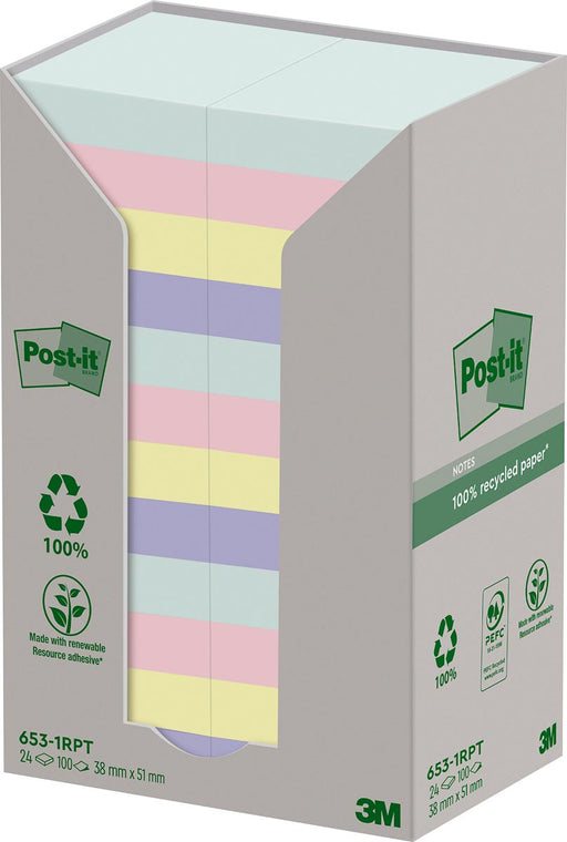 Post-it recycled notes Nature, 100 vel, ft 38 x 51 mm, pak van 24 blokken, geassorteerde kleuren 12 stuks, OfficeTown