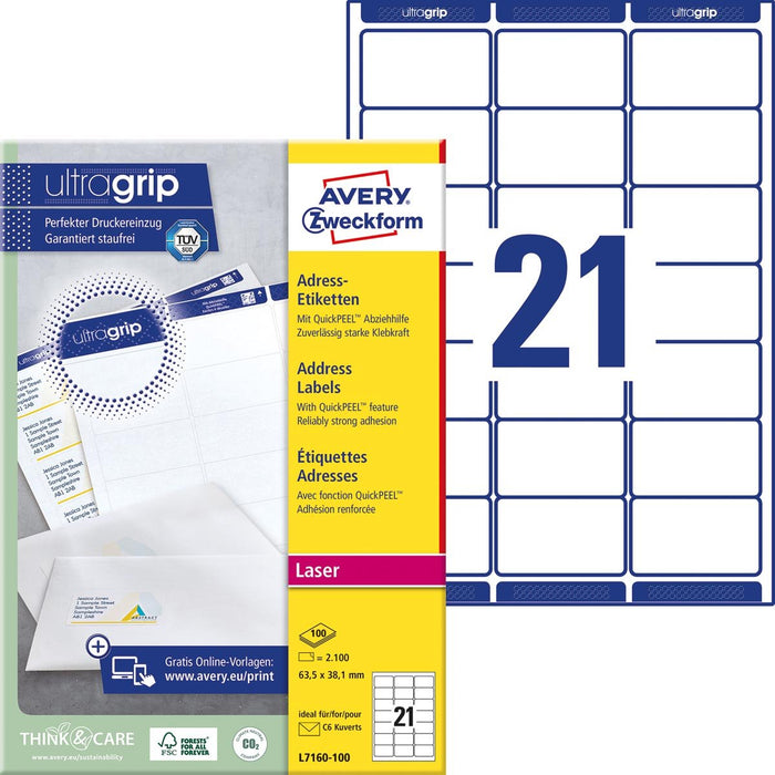 Adresetiketten Avery L7160, Laser, Ultragrip, wit, 100 vellen, 21 per vel, 63,5 x 38,1 mm - OfficeTown