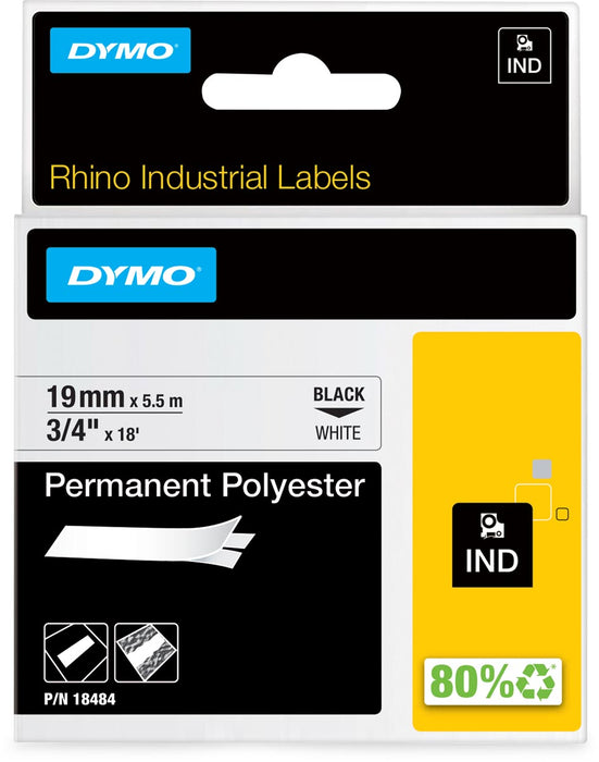 Dymo RHINO permanente polyester tape 19 mm, zwart op wit - Etiketteringstape voor panelen, blokken en rekken
