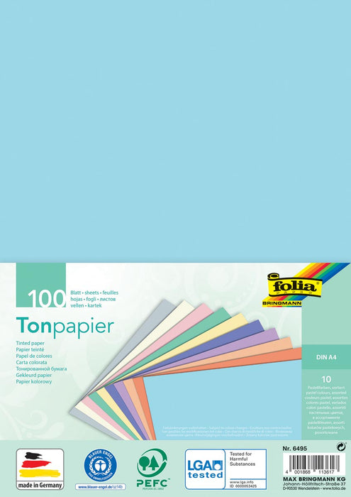 Gekleurd tekenpapier in pastelkleuren, A4 formaat, pak van 100 vellen