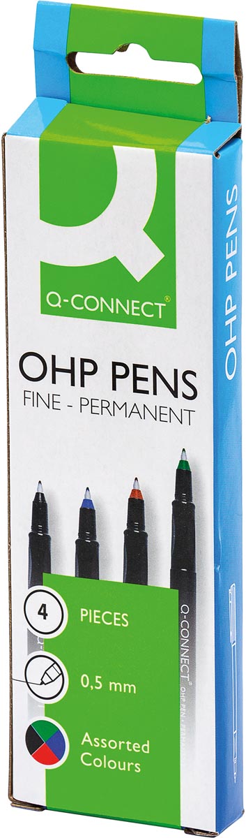 Q-CONNECT OHP marker, permanent, fijn, set van 4 stuks in geassorteerde kleuren 4 stuks, OfficeTown