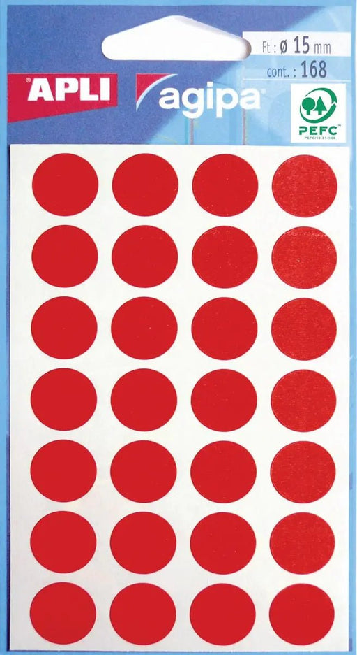 Agipa ronde etiketten in ophangetui, diameter 15 mm, rood, 168 stuks, 28 per vel - OfficeTown