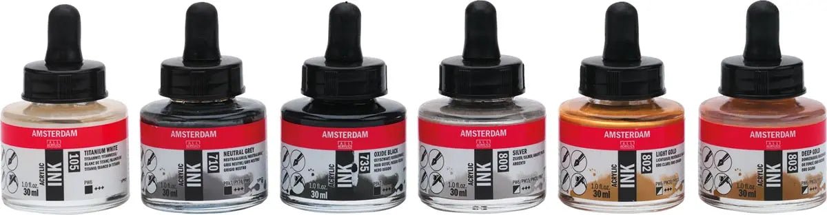 Amsterdam acrylinkt Lettering, set van 6 flacons van 30 ml, gevarieerd assortiment - OfficeTown
