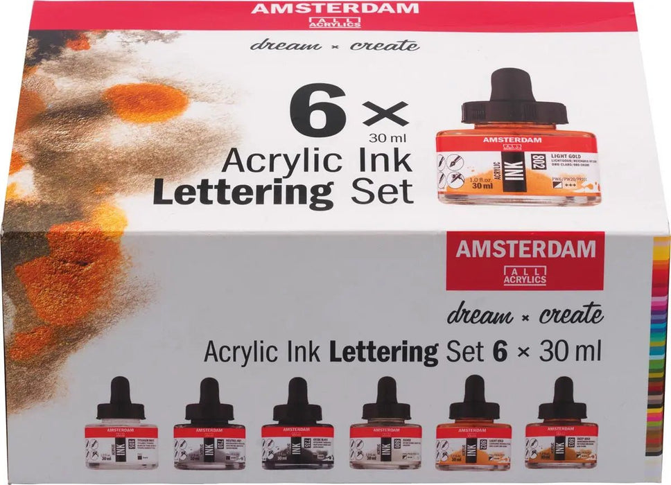 Amsterdam acrylinkt Lettering, set van 6 flacons van 30 ml, gevarieerd assortiment - OfficeTown