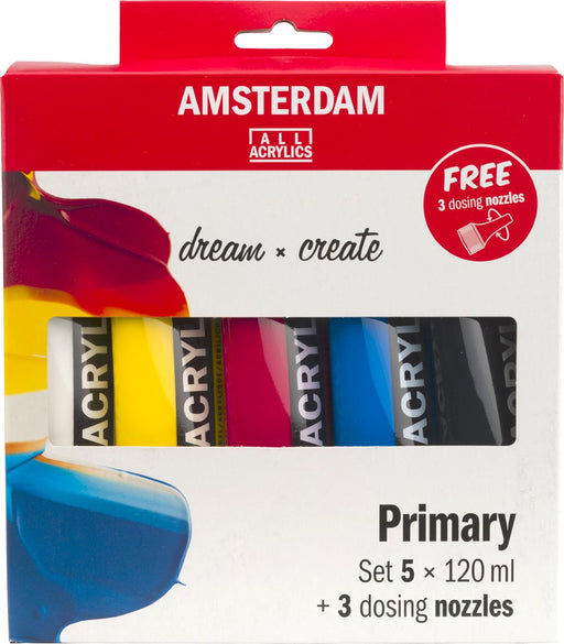 Amsterdam acrylverf primair 120 ml, 5 tubes + 3 tuiten - OfficeTown