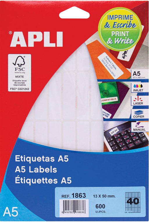 Apli Print & Write witte etiketten met afmetingen 13 x 50 mm, 600 stuks - OfficeTown