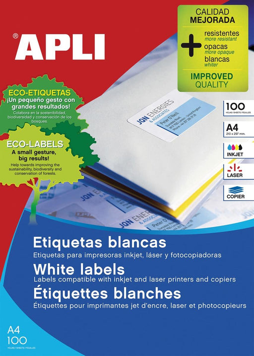 Apli witte etiketten ft 70 x 33,8 mm (b x h), 2.400 stuks, 24 per blad (1293) - OfficeTown