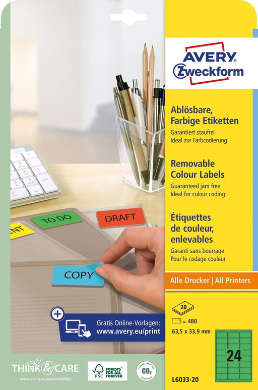 Avery afneembare gekleurde etiketten ft 63,5 x 33,9 mm (b x h), 480 stuks, 24 per blad, groen - OfficeTown