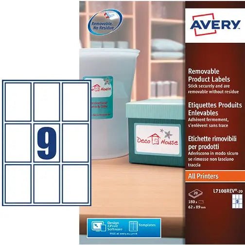 Avery Afneembare productetiketten 62 x 89 mm, 180 stuks, 9 per blad, doos van 20 blad - OfficeTown