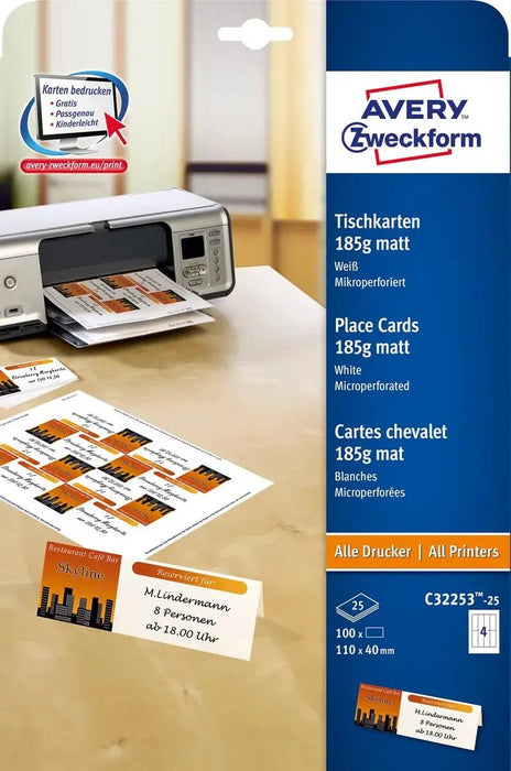 Avery bedrukbare naamkaarten per doos van 100 stuks (afmeting 110 x 40 mm) - OfficeTown