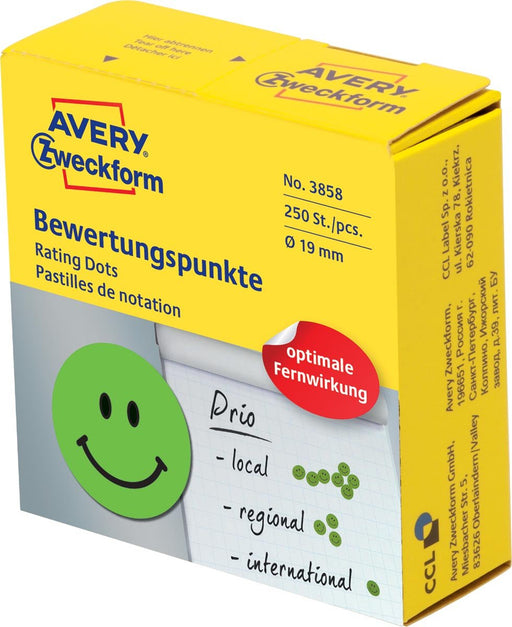 Avery beoordelingsstippen, diameter 19 mm, rol met 250 stuks, smiley, groen - OfficeTown