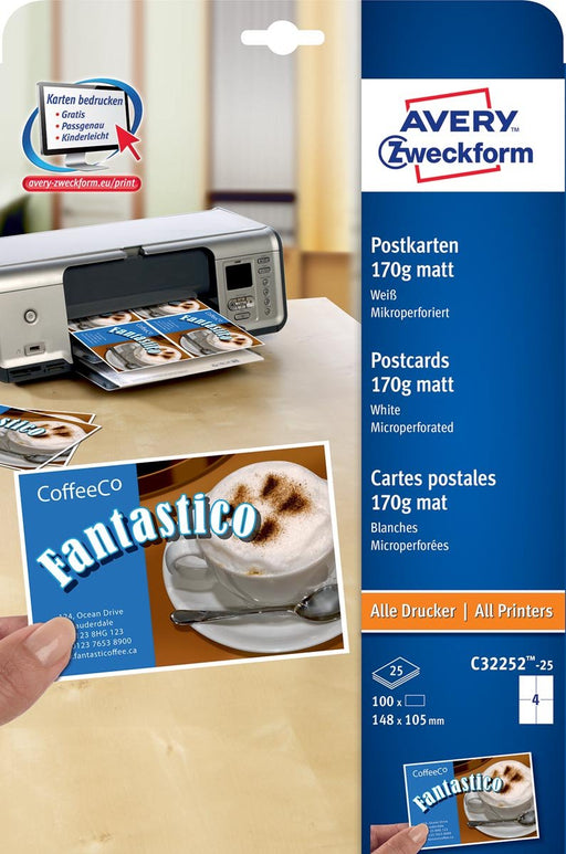 Avery briefkaart, 170 g/m², 4 per blad, 100 stuks - OfficeTown