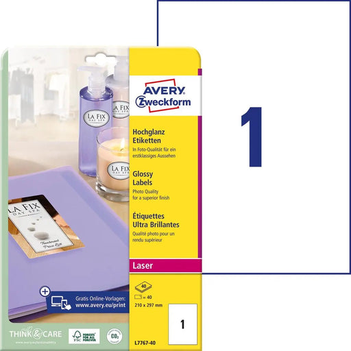 Avery Etiketten hoogglanzend ft 210 x 297 mm, doos van 40 blad, 40 stuks - OfficeTown