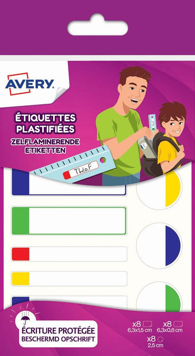 Avery Familie gelamineerde labels, etui met 24 labels, diverse formaten en standaardkleuren - OfficeTown