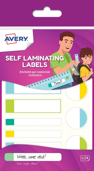 Avery Familie gelamineerde labels, etui met 24 labels, diverse formaten en standaardkleuren - OfficeTown