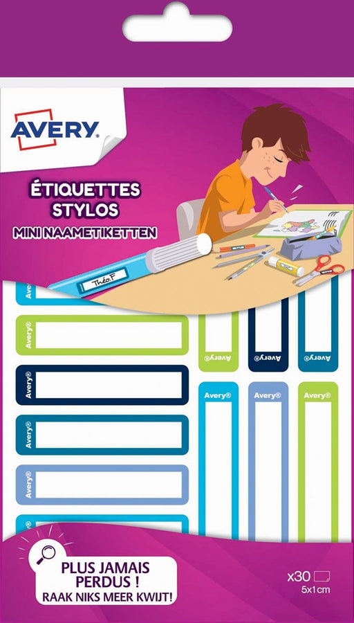 Avery Familie mini naamstickers, 5 x 1 cm, blauw/groen, ophangbare etui met 30 stickers - OfficeTown