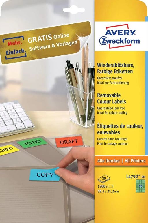 Avery gekleurde etiketten ft 38,1 x 21,2 mm (b x h), afneembaar, groen, 1300 stuks, 65 per blad - OfficeTown