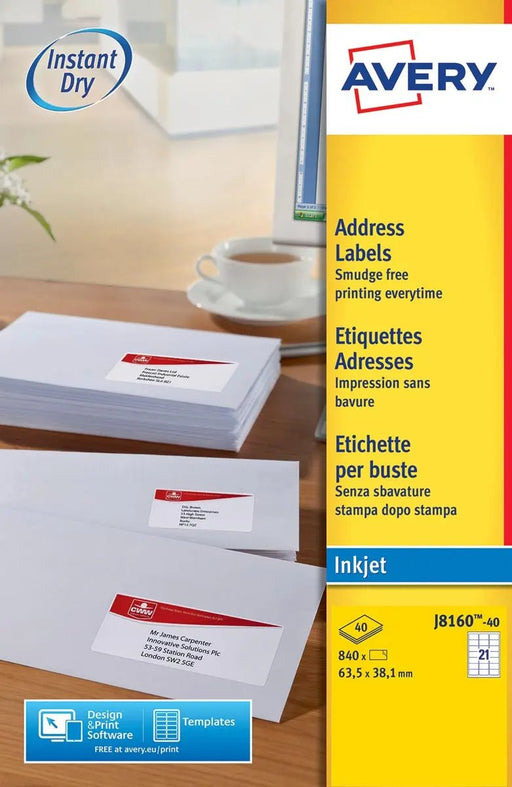 Avery J8160 - 40 adreslabels afmetingen 63,5 x 38,1 mm (b x h), 840 labels, wit - OfficeTown
