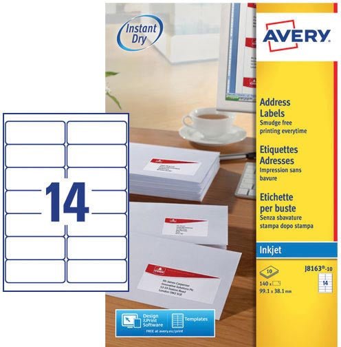 Avery J8163 - 10 Adresetiketten ft 99,1 x 38,1 mm (b x h), 140 etiketten wit - OfficeTown