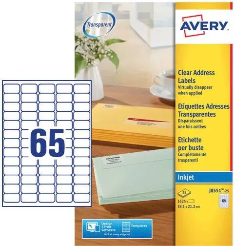 Avery J8551 - 25 mini etiketten ft 38,1 x 21,2 mm (b x h), 1.625 etiketten, transparant - OfficeTown