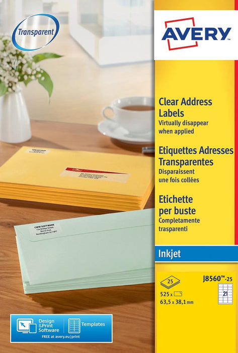 Avery J8560 - 25 doorzichtige adreslabels ft 63,5 x 38,1 mm (b x h), 525 labels - OfficeTown