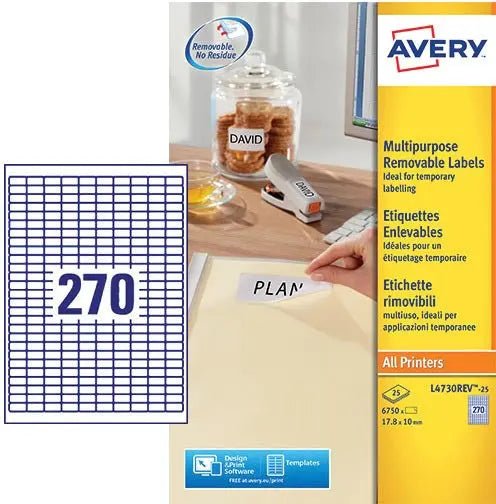 Avery L4730REV - 25 Verwijderbare Etiketten ft 17,8 x 10 mm, 6.750 etiketten, wit - OfficeTown