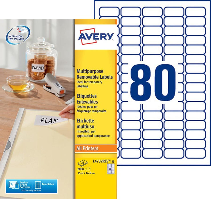 Avery L4732REV - 25 verwijderbare etiketten ft 35,6 x 16,9 mm, 2.000 etiketten, wit - OfficeTown