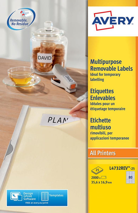 Avery L4732REV - 25 verwijderbare etiketten ft 35,6 x 16,9 mm, 2.000 etiketten, wit - OfficeTown