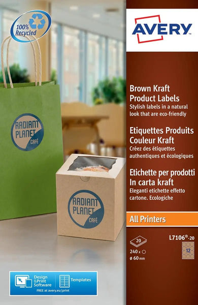 Avery L7106-20 Kraft Productetiketten, Diameter: 60 mm, 240 Etiketten