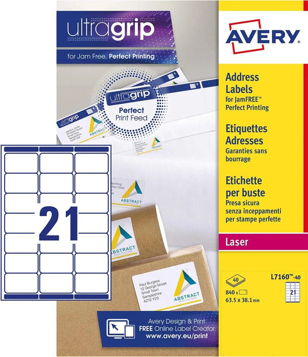 Avery L7160, Adresetiketten, Laser, Ultragrip, wit, 40 vellen, 21 per vel, 63,5 x 38,1 mm - OfficeTown