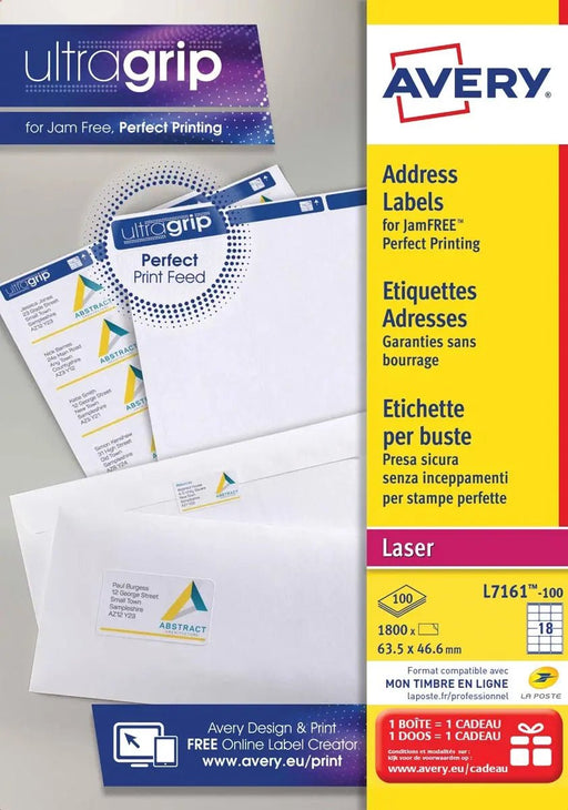 Avery L7161, Adresetiketten, Laser, Ultragrip, wit, 100 vellen, 18 per vel, 63,5 x 46,6 mm - OfficeTown