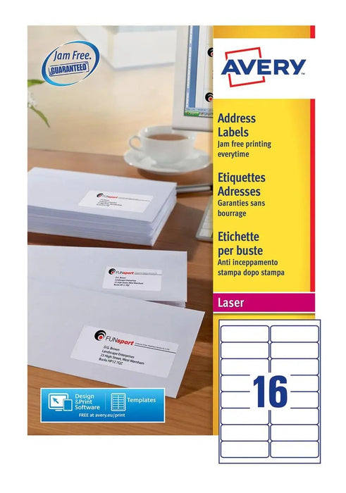 Avery L7162, Adresetiketten, Laser, Ultragrip, wit, 100 vellen, 16 per vel, 99,1 x 33,9 mm - OfficeTown