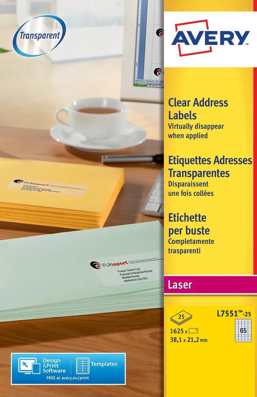 Avery L7551 - 25 adresetiketten ft 38,1 x 21,2 mm (b x h), 1.625 etiketten, transparant - OfficeTown