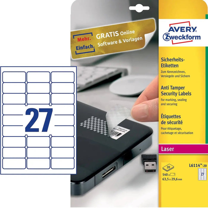 Avery onverwoestbare veiligheidsstickers, formaat 63,5 x 29,6 mm, 540 stuks, 27 per vel, doos van 20 vellen - OfficeTown