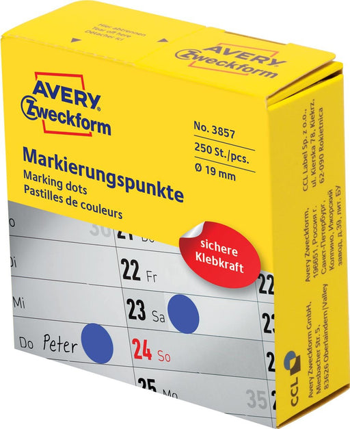 Avery stippenmarkering, diameter 19 mm, rol van 250 stuks, blauw - OfficeTown
