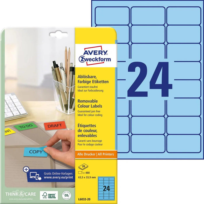 Avery verwijderbare gekleurde labels ft 63,5 x 33,9 mm (b x h), 480 stuks, 24 per vel, blauw - OfficeTown