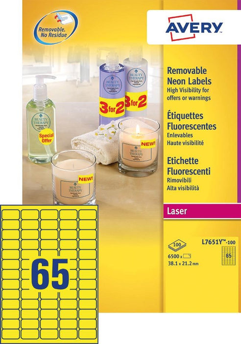 Avery verwijderbare neon etiketten ft 38,1 x 21,2 mm (b x h), doos van 100 vel, 6500 stuks, neongeel - OfficeTown
