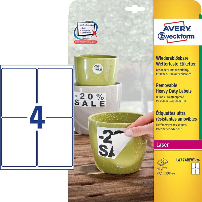 Avery verwijderbare weerbestendige etiketten Ft 99,1 x 139 mm (b x h), wit, doos van 80 etiketten - OfficeTown