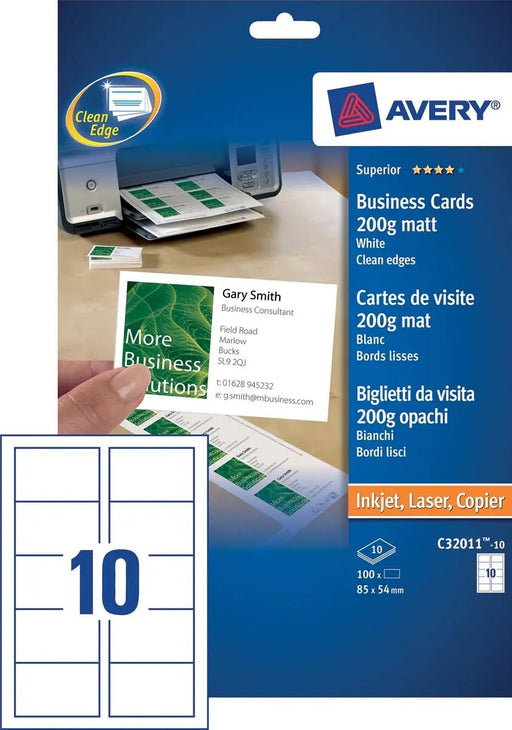 Avery visitekaarten 200 g/m², Ft 85 x 54 mm (10 per blad), doos van 10 blad - OfficeTown
