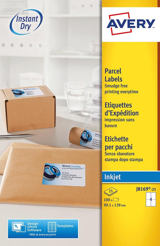 Avery witte etiketten inkjet QuickDry ft 99,1 x 139mm, 100 stuks, doos van 25 vel Met ronde hoeken - OfficeTown