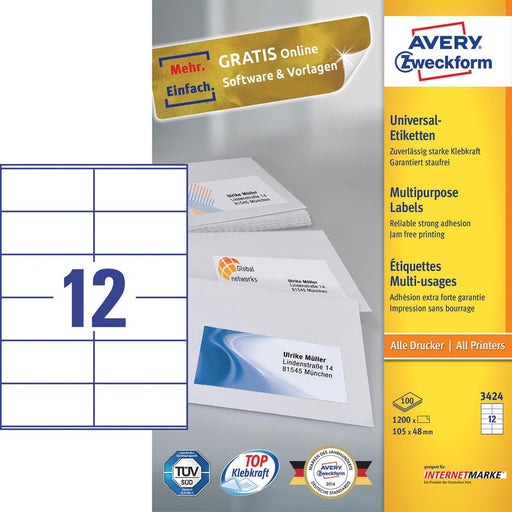 Avery Zweckform 3424, Universele etiketten, Ultragrip, wit, 100 vel, 12 per vel, 105 x 48 mm - OfficeTown