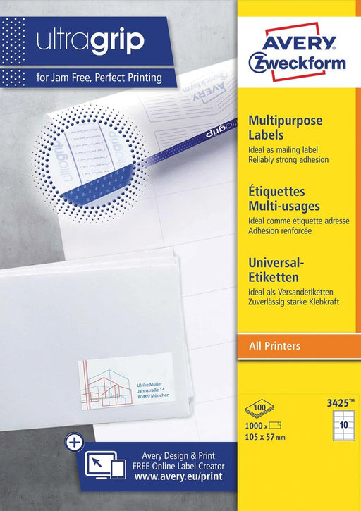 Avery Zweckform 3425, Universele etiketten, Ultragrip, wit, 100 vel, 10 per vel, ft 105 x 57 mm - OfficeTown