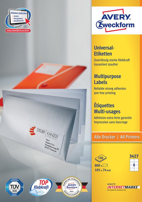 Avery Zweckform 3427, Universele etiketten, Ultragrip, wit, 100 vel, 8 per vel, 105 x 74 mm - OfficeTown