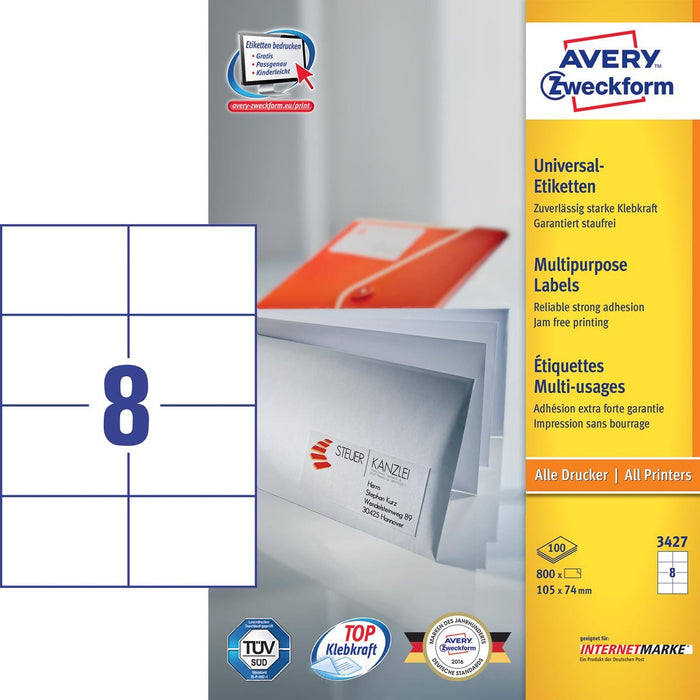 Avery Zweckform 3427, Universele etiketten, Ultragrip, wit, 100 vel, 8 per vel, 105 x 74 mm - OfficeTown