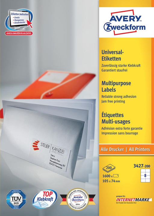 Avery Zweckform 3427, Universele etiketten, Ultragrip, wit, 200 vel, 8 per vel, 105 x 74 mm - OfficeTown