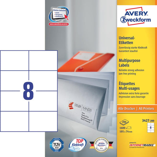 Avery Zweckform 3427, Universele etiketten, Ultragrip, wit, 200 vel, 8 per vel, 105 x 74 mm - OfficeTown
