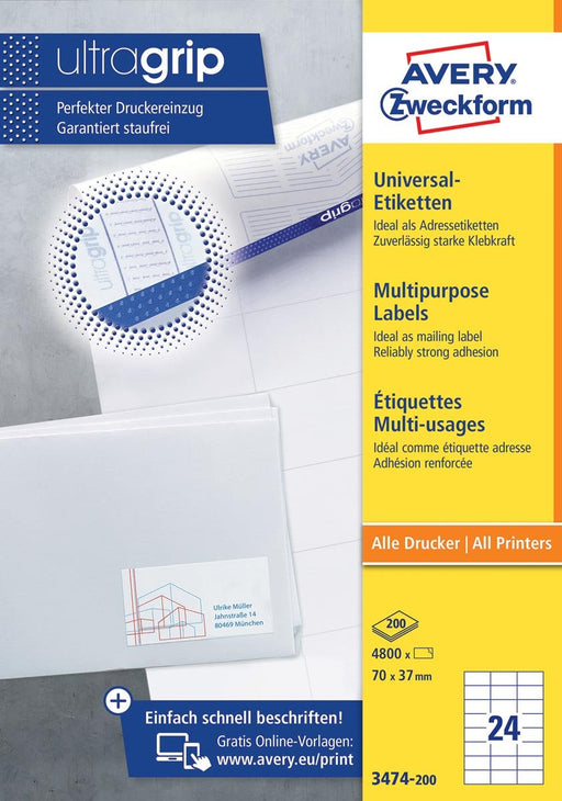 Avery Zweckform 3474, Universele etiketten, Ultragrip, wit, 200 vel, 24 per vel, 70 x 37 mm - OfficeTown